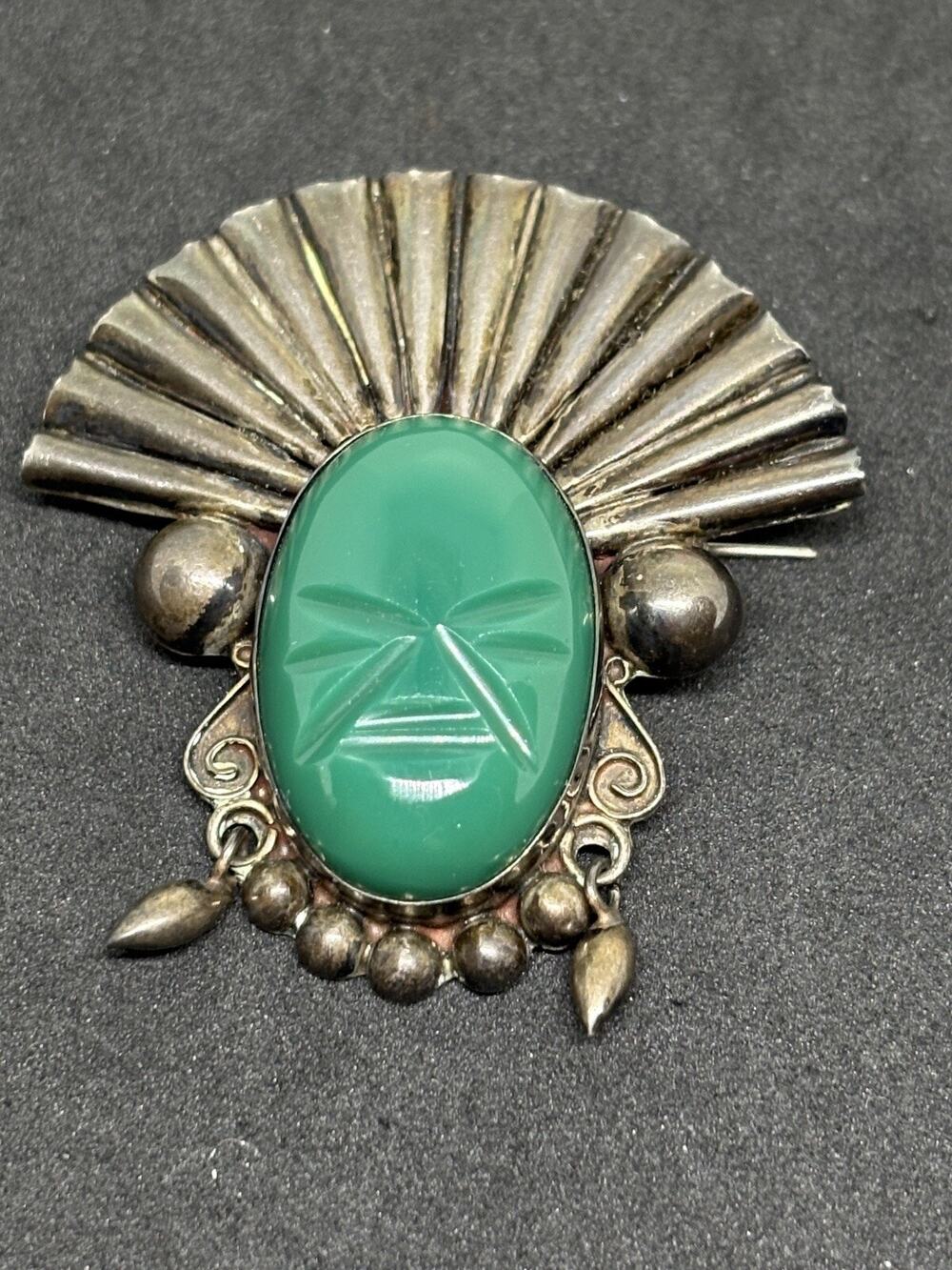 Vintage Taxco Mexico Sterling Silver Carved Green Onyx Warrior Mask Brooch